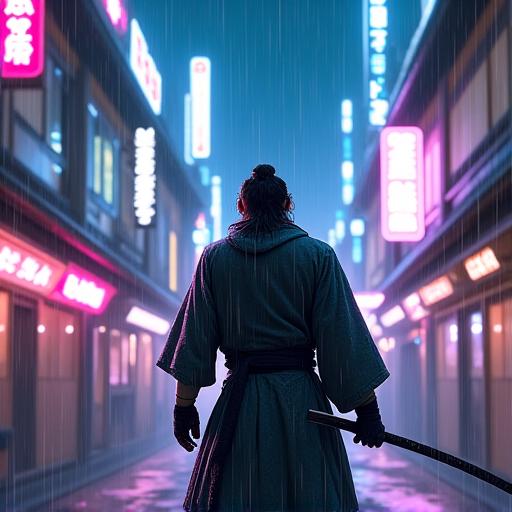 サイバーパンクの京都を背景にしたサムライキャラクター「NEO-KYOTO: RONIN」